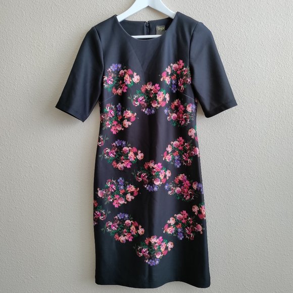 Black Floral Print Retro Shift Dress Size 4 - Picture 1 of 16